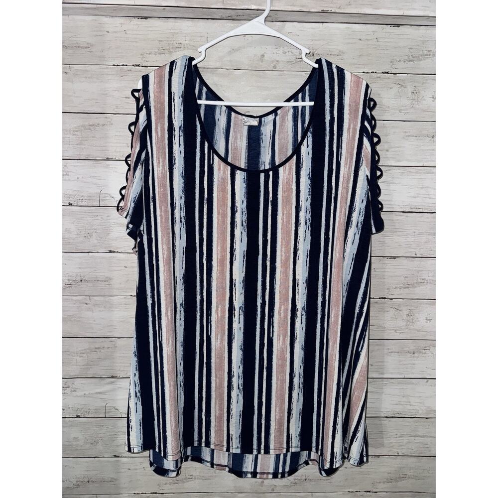Womens Plus Size Blue Pink Striped Lightweight Shirt Blouse 3X Short Sleeve Top